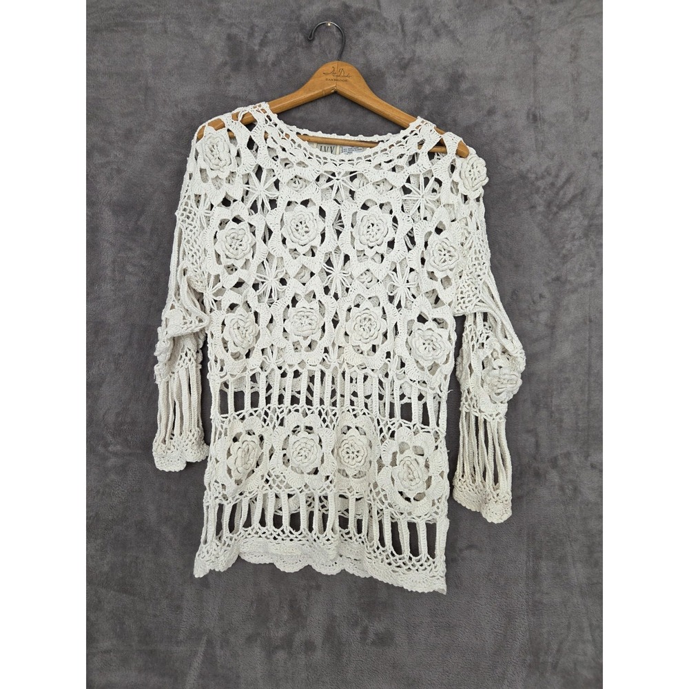 Hand Knit Top Women IVY Vintage Boho Festival White‎ Small Cotton Blend